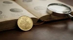 Moneta da 20 lire con ramo di quercia del 1968 appoggiata a un libro, con lente d’ingrandimento sullo sfondo