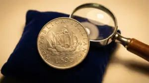 Moneta da 500 lire con caravelle su cuscino blu, con lente d’ingrandimento per valutare la rarità