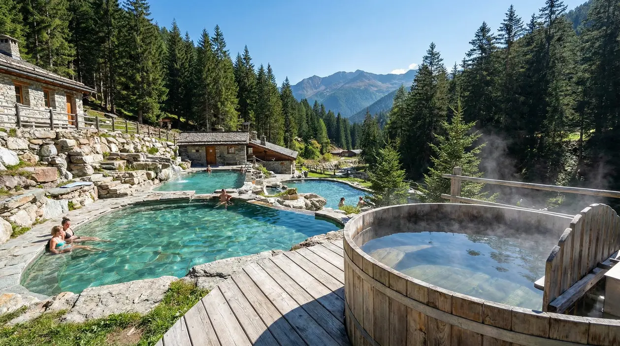 Piscine termali all’aperto tra boschi e montagne, con vasca in legno fumante e persone in relax