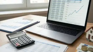 Laptop con grafici e dati finanziari sullo schermo, calcolatrice e documenti su scrivania per simulare un mutuo variabile