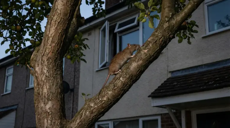 Topo su un ramo vicino a una finestra aperta di una casa, possibile accesso dall’albero al giardino