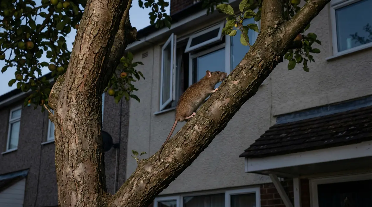 Topo su un ramo vicino a una finestra aperta di una casa, possibile accesso dall’albero al giardino