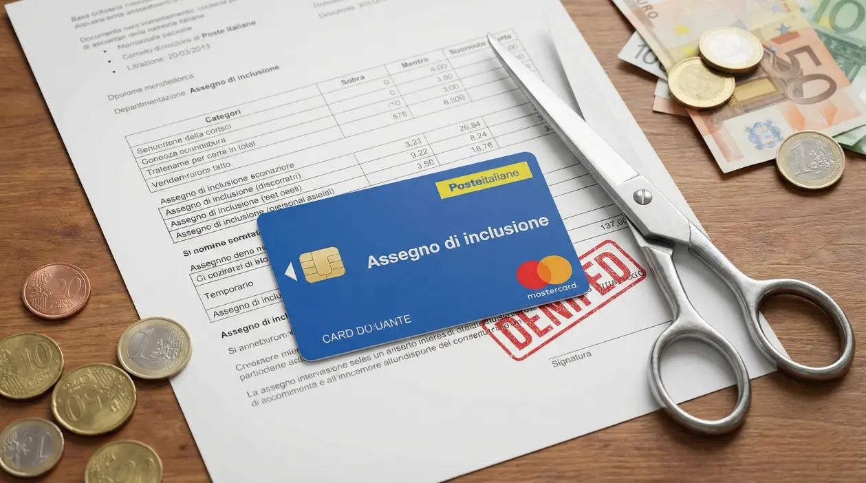 Carta Assegno di inclusione su documenti, con forbici e monete, simbolo di nuove regole e possibili esclusioni