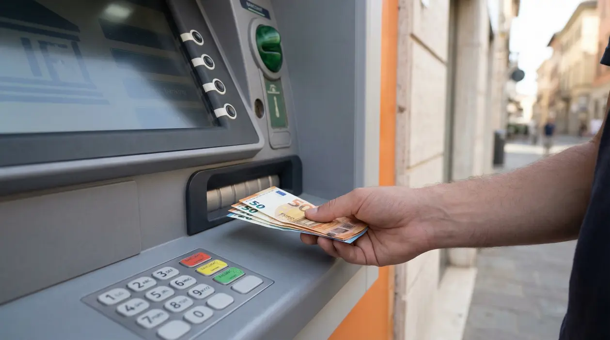 Mano che ritira banconote in euro da un bancomat durante un prelievo di contanti
