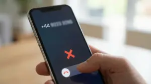 Mano che rifiuta una chiamata in arrivo da numero che inizia con +44 su smartphone