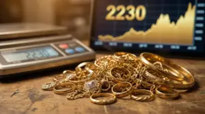 Gioielli e catene d’oro su un tavolo con bilancia digitale e grafico del prezzo dell’oro sullo sfondo