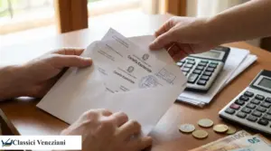 Mani che aprono una busta con cartelle esattoriali su un tavolo con calcolatrice e monete