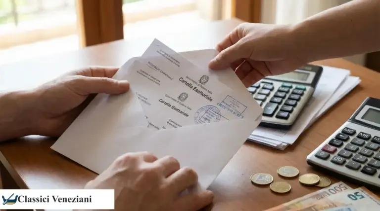 Mani che aprono una busta con cartelle esattoriali su un tavolo con calcolatrice e monete