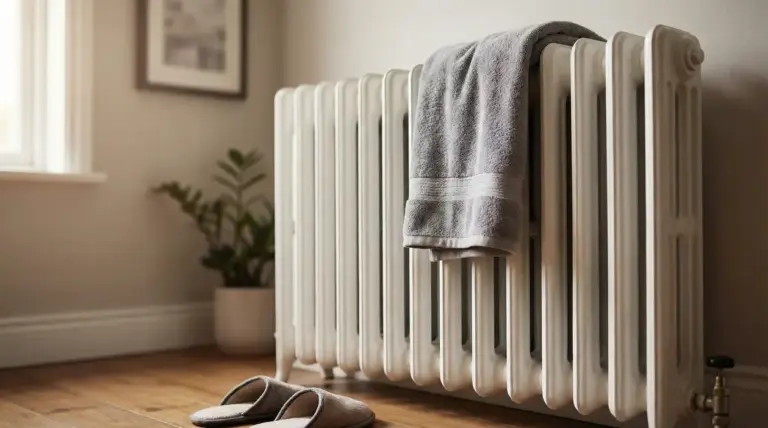 Termosifone in ghisa con un asciugamano appoggiato, in una stanza di casa