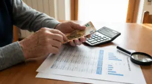 Mani di una persona che conta euro con calcolatrice e documenti finanziari su un tavolo