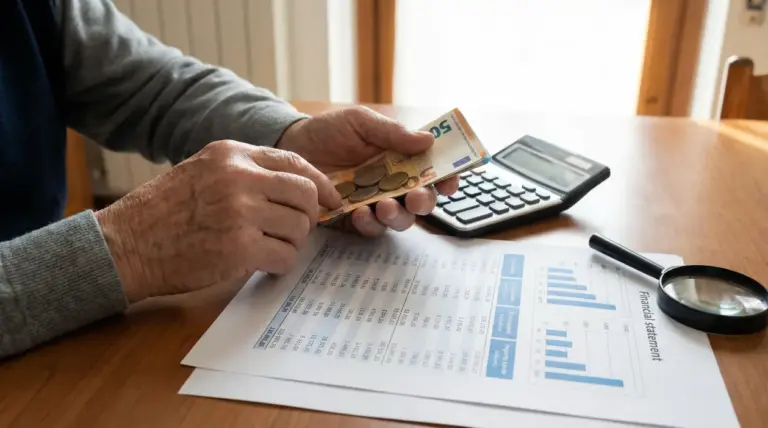 Mani di una persona che conta euro con calcolatrice e documenti finanziari su un tavolo