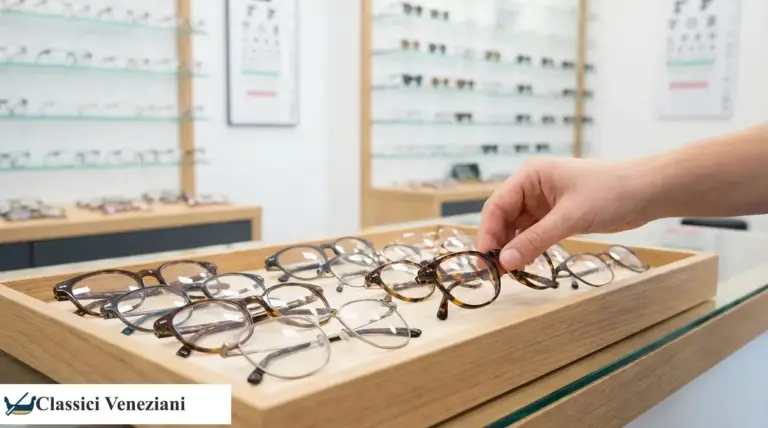 Mano che sceglie una montatura di occhiali da un vassoio in un negozio di ottica