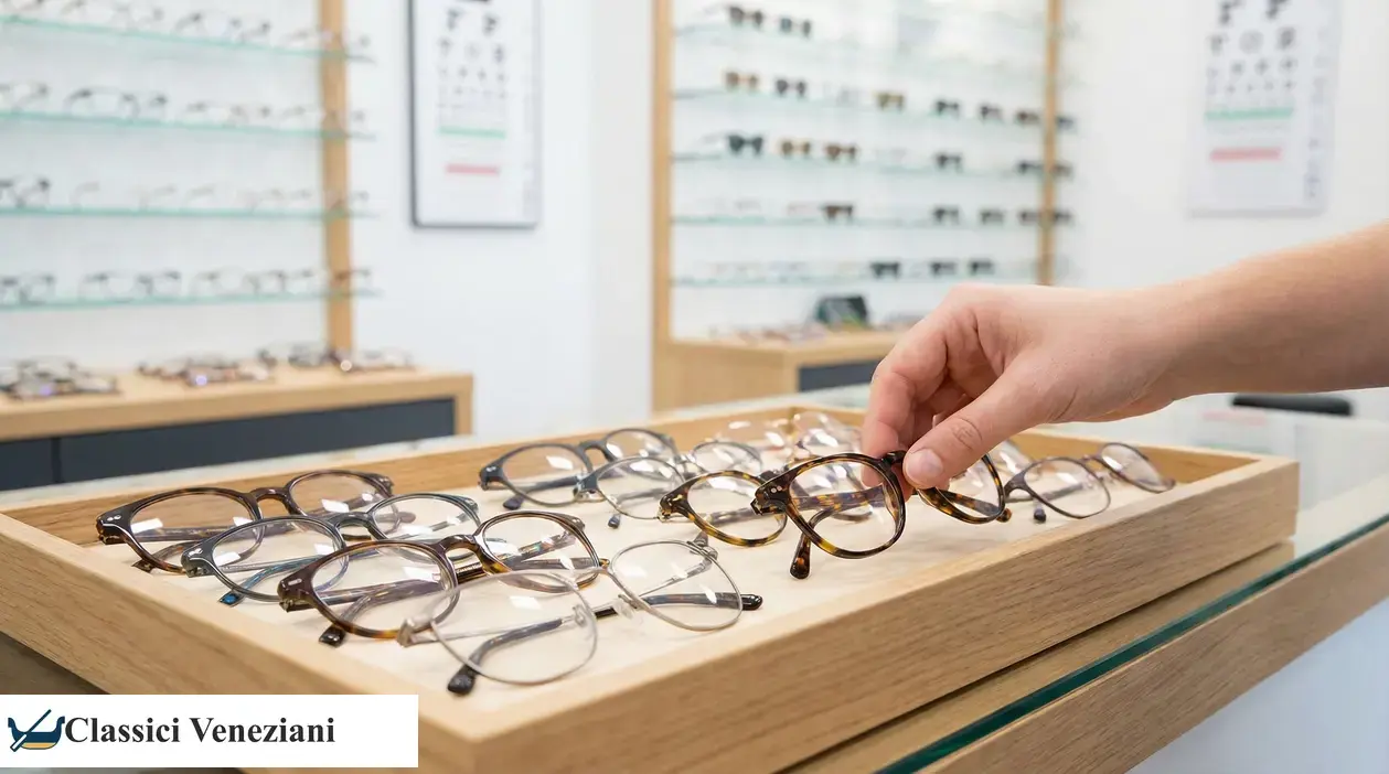 Mano che sceglie una montatura di occhiali da un vassoio in un negozio di ottica