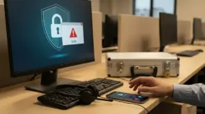 Scrivania da call center con telefono in chiamata e monitor con icona di sicurezza e avviso, per prevenire truffe telefoniche