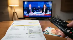Bolletta elettrica con voce Canone TV, telecomando e banconote su un tavolo con televisore acceso sullo sfondo