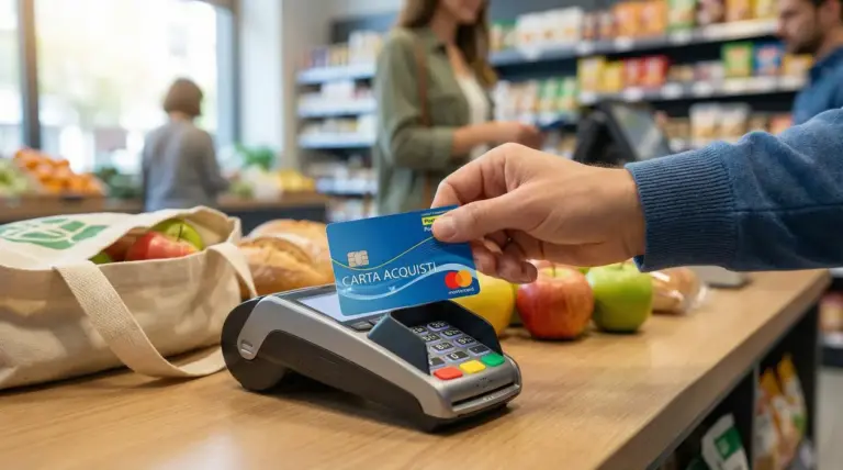 Mano che paga con carta acquisti su POS in un supermercato, con frutta e borsa della spesa sul banco