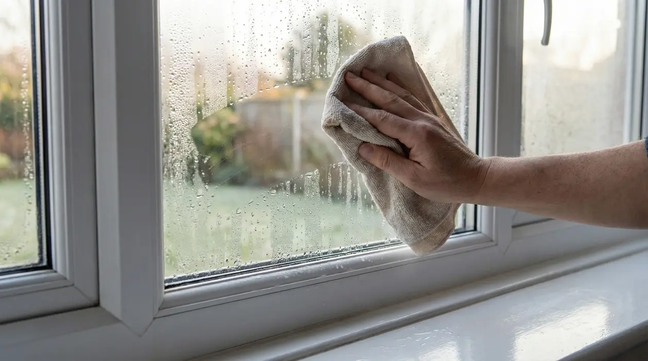 Mano che asciuga la condensa su una finestra con un panno, per prevenire umidità e muffa in casa