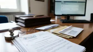 Scrivania con documenti e buste dell’Agenzia Entrate-Riscossione, computer e pratiche amministrative