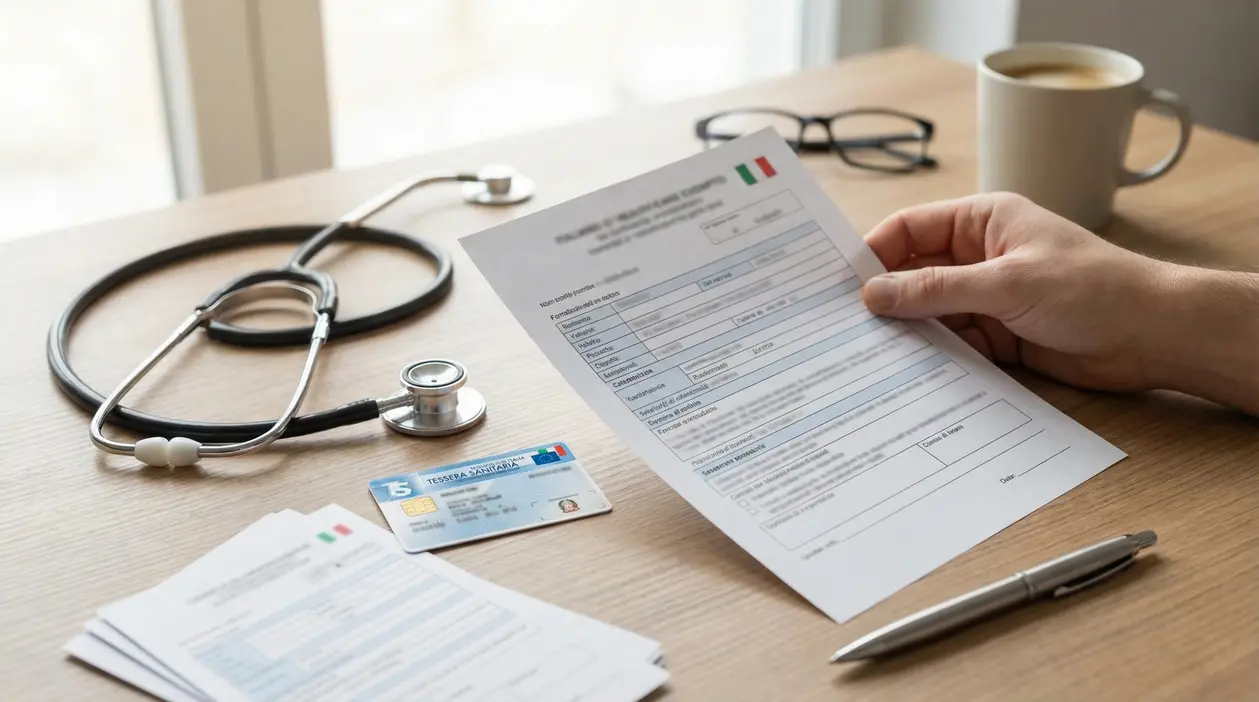 Mano che tiene un modulo sanitario su scrivania con stetoscopio, tessera sanitaria e penna