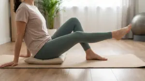 Persona seduta su tappetino che esegue un esercizio di estensione della gamba per alleviare il dolore al ginocchio