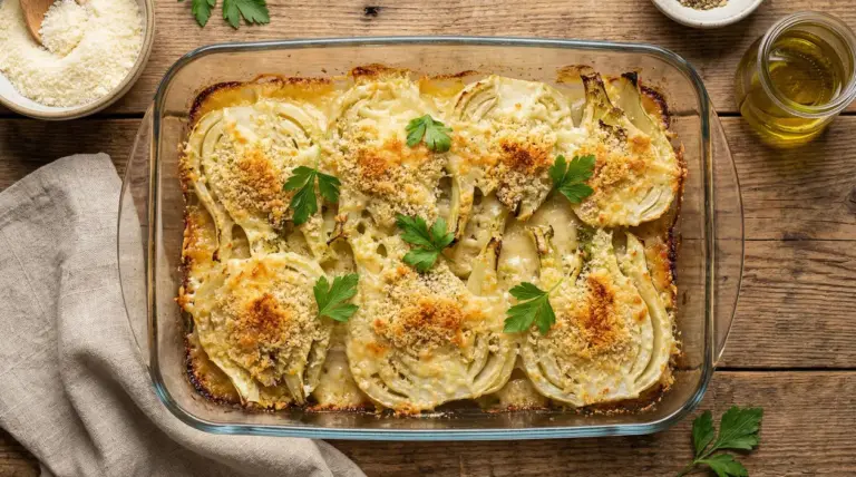 Finocchi al forno gratinati in pirofila, con crema e pangrattato dorato, guarniti con prezzemolo
