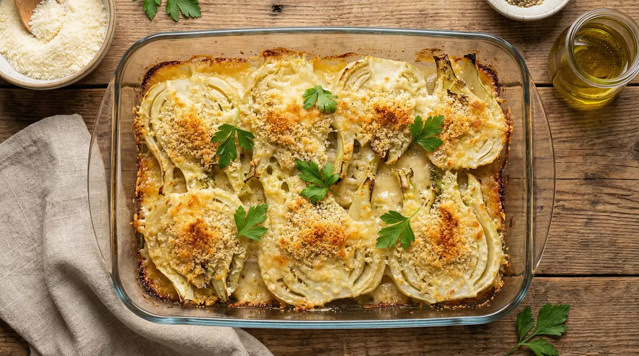 Finocchi al forno gratinati in pirofila, con crema e pangrattato dorato, guarniti con prezzemolo