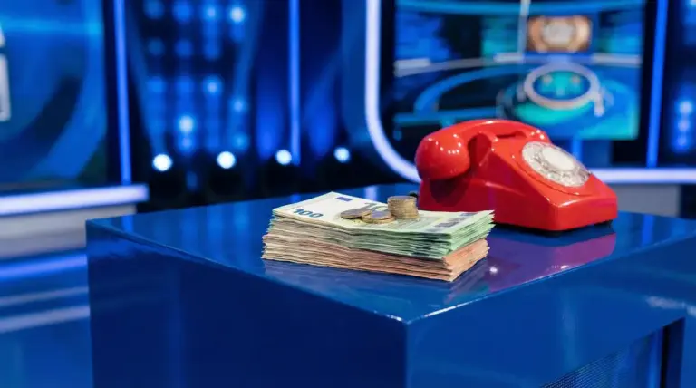 Mazzetta di banconote in euro e monete accanto a un telefono rosso su un tavolo in uno studio televisivo