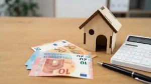 Calcolatrice, banconote in euro e casetta in legno su un tavolo, simbolo del calcolo IMU sulla seconda casa