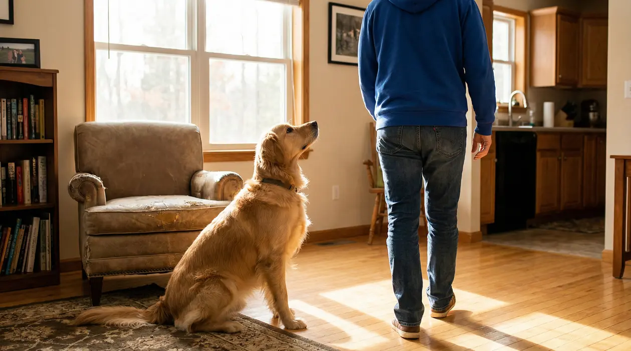 Golden retriever seduto in casa guarda una persona che si allontana, come se la seguisse ovunque