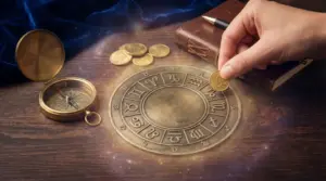 Mano che posiziona una moneta su una ruota dello zodiaco, accanto a bussola e quaderno su tavolo di legno