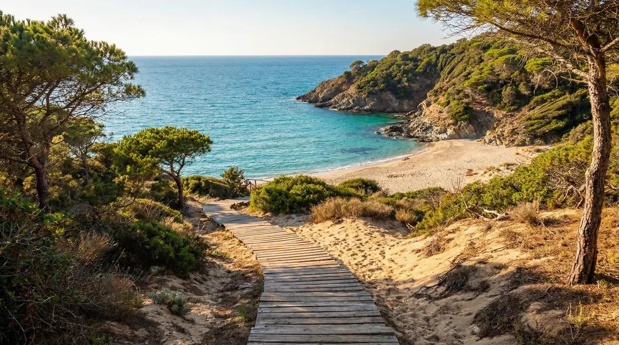 Sentiero su passerella di legno tra dune e macchia mediterranea verso una cala di sabbia e mare turchese in Toscana
