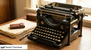 Macchina da scrivere antica in metallo su scrivania in legno, con fogli e penna vicino a una finestra