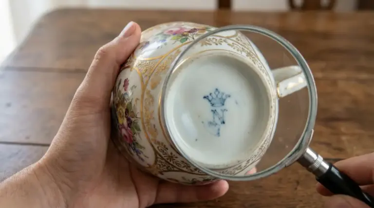 Tazza di porcellana decorata a mano con marchio blu sotto la base osservato con una lente d’ingrandimento