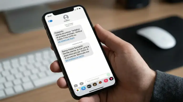 Mano che tiene uno smartphone con SMS sospetti e link, esempio di possibile truffa phishing