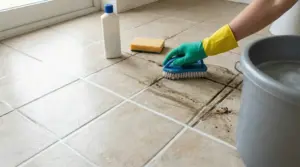 Persona con guanti che strofina le fughe nere del pavimento con spazzola, vicino a secchio e detergente