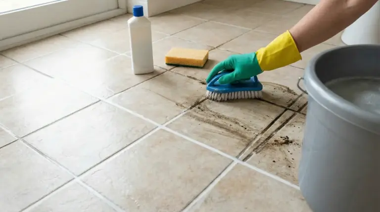 Persona con guanti che strofina le fughe nere del pavimento con spazzola, vicino a secchio e detergente