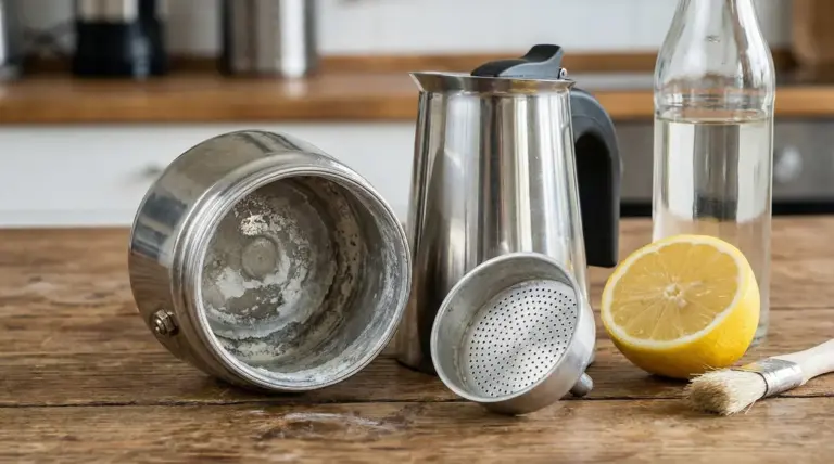 Moka smontata con calcare visibile, accanto a limone e bottiglia d’acqua per la pulizia naturale