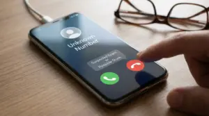 Schermata di chiamata da numero sconosciuto su smartphone, con dito vicino al tasto per rifiutare la chiamata