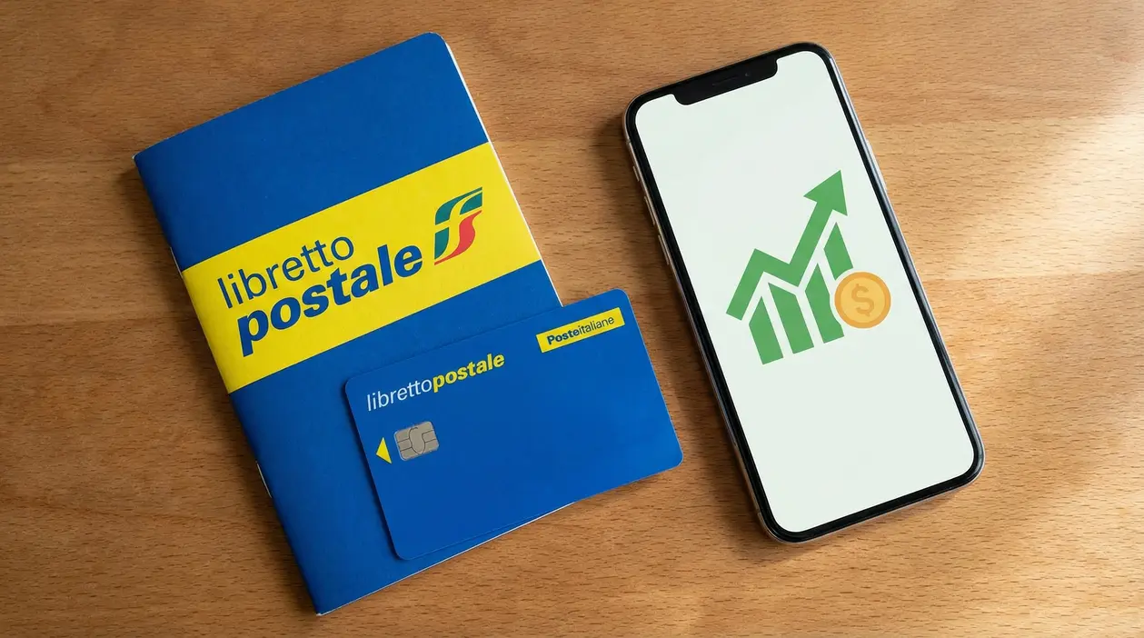 Libretto postale con carta e smartphone con grafico di crescita, su un tavolo in legno
