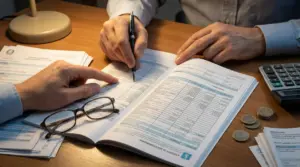 Mani che compilano documenti fiscali con penna e calcolatrice su una scrivania, con monete e occhiali