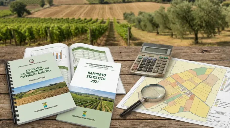 Documenti e report sui valori dei terreni agricoli con calcolatrice, lente e mappa catastale su un tavolo in campagna