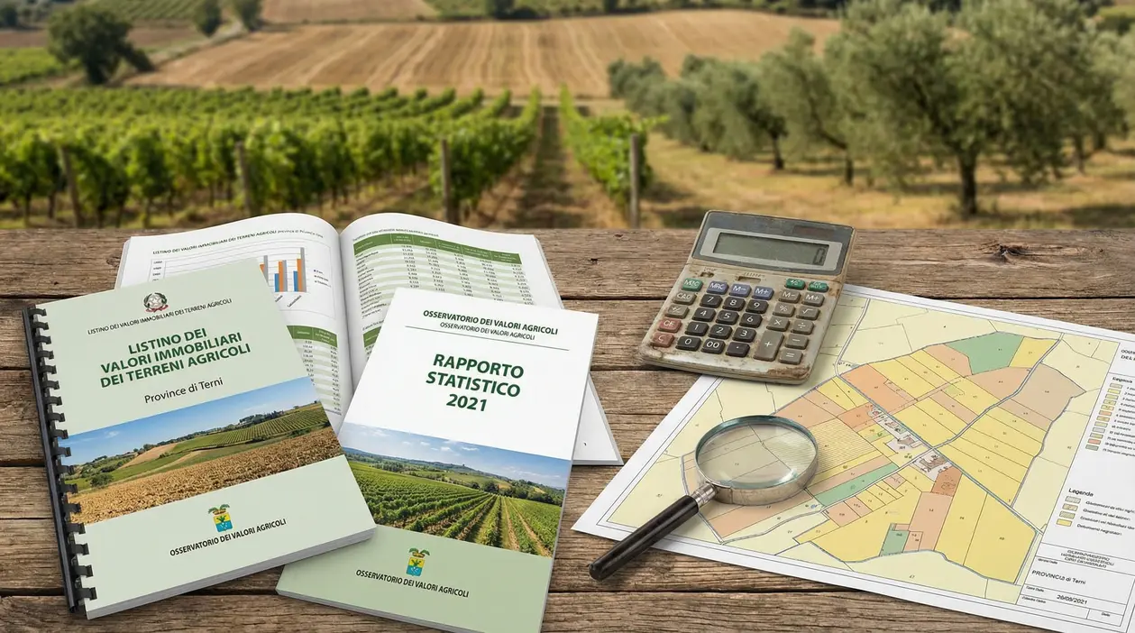 Documenti e report sui valori dei terreni agricoli con calcolatrice, lente e mappa catastale su un tavolo in campagna