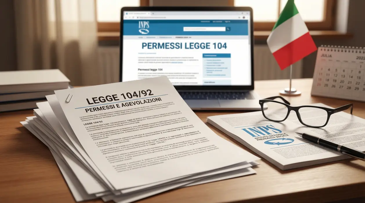 Documenti sulla Legge 104 su una scrivania, con computer aperto su pagina INPS e bandierina italiana