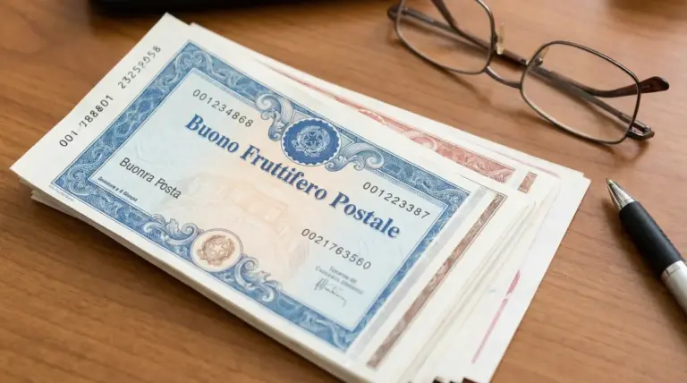 Buoni fruttiferi postali appoggiati su una scrivania con occhiali e penna, tema risparmio e rendimento