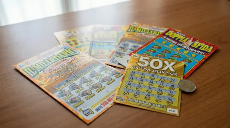 Gratta e vinci colorati su un tavolo di legno, con una moneta accanto a un biglietto già grattato