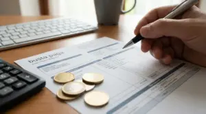 Mano con penna su busta paga con monete in euro, accanto a tastiera e calcolatrice su una scrivania