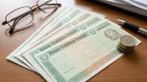 Buoni fruttiferi postali su una scrivania con monete, penna e occhiali, legati al nuovo buono in arrivo