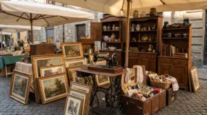 Banco di mercatino dell’usato con quadri incorniciati, macchina da cucire vintage, mobili in legno e oggetti da collezione
