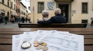 Documenti pensione INPS e monete su un tavolo, con una coppia anziana seduta davanti a una sede INPS