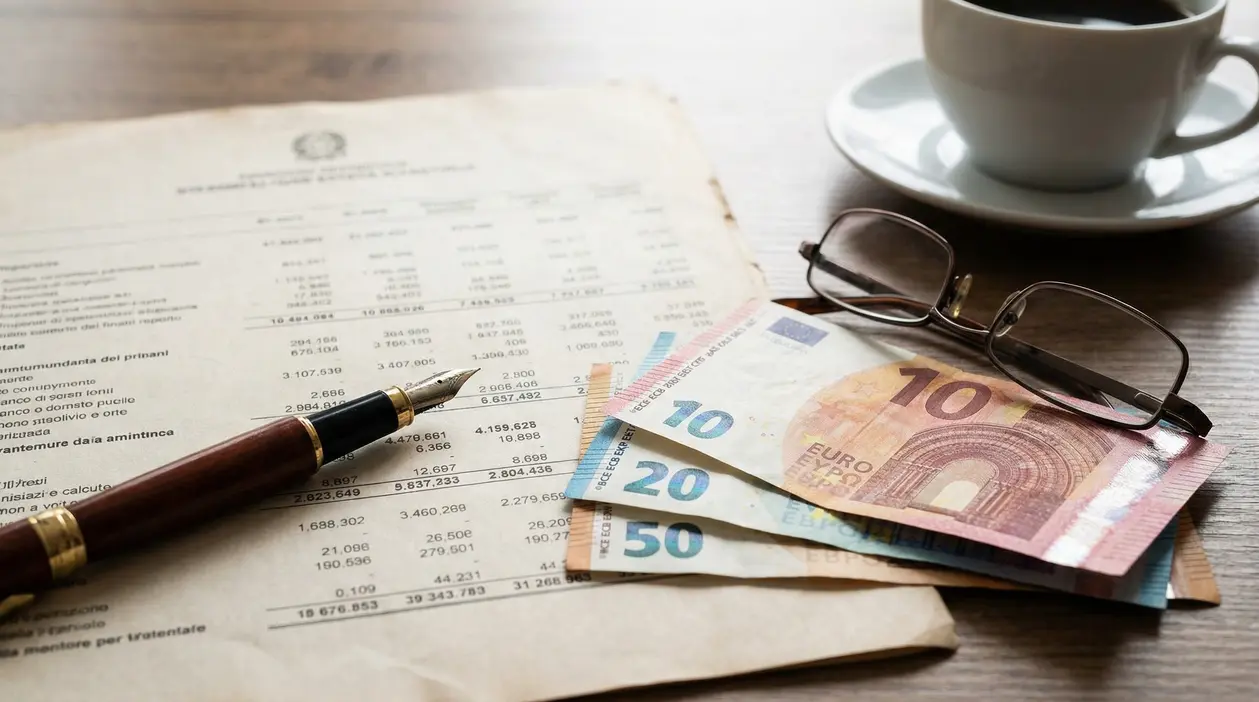 Banconote in euro, occhiali e penna su documento con tabelle, accanto a una tazza di caffè